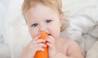 ビタミンA豊富なニンジンをかじる赤ちゃん