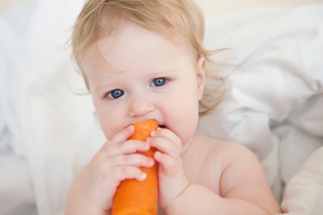 ビタミンA豊富なニンジンをかじる赤ちゃん